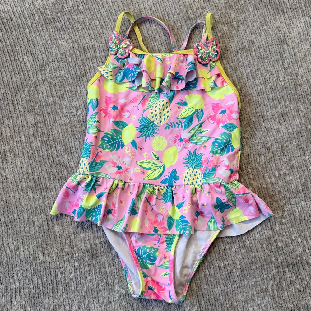 Betsey Johnson Girls Tropical Ruffle One-Piece Swimsuit Pink Floral 7/8